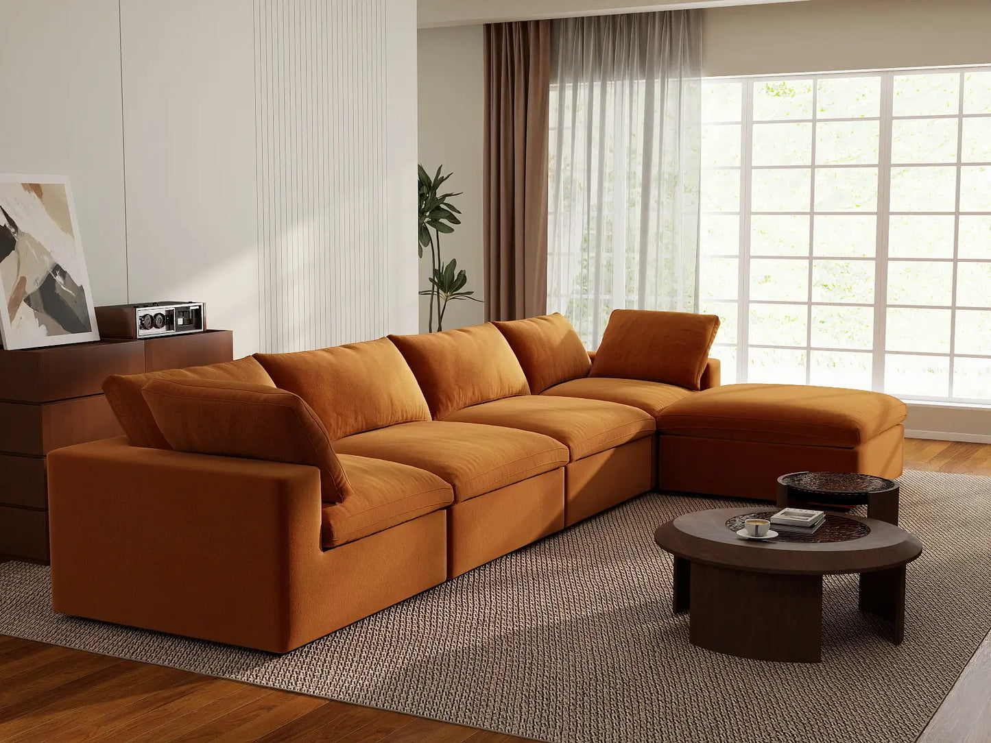 Deluxe Cloud 4-Seater Terracotta Sofa Set | 5-Piece (Includes 1 Ottoman), Velvet Fabric, Washable Cushion Covers