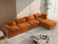Deluxe Cloud 4-Seater Terracotta Sofa Set | 5-Piece (Includes 1 Ottoman), Velvet Fabric, Washable Cushion Covers