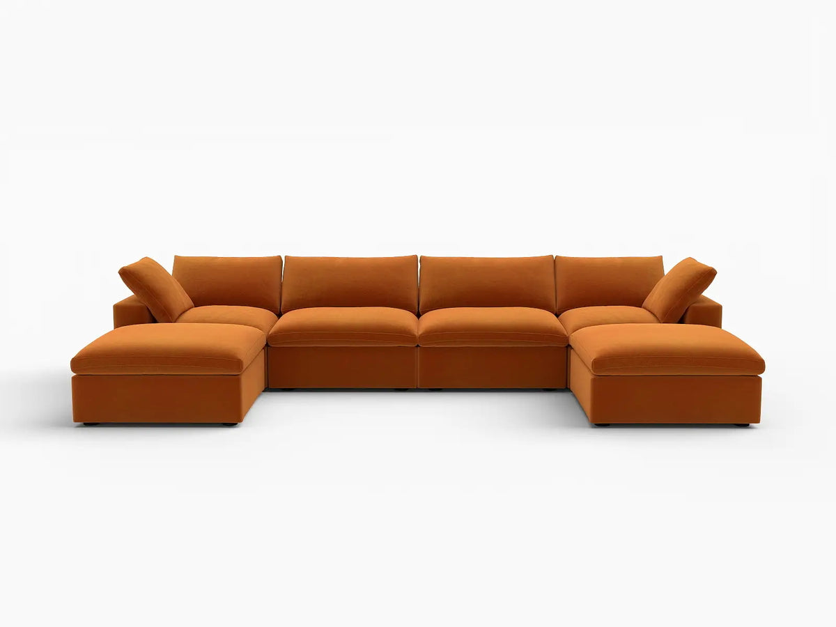 Deluxe Cloud 4-Seater Terracotta U-Shaped Sectional | 6-Piece (Includes 2 Ottomans), Velvet Fabric, Family Room Seating, Washable Cushion Covers