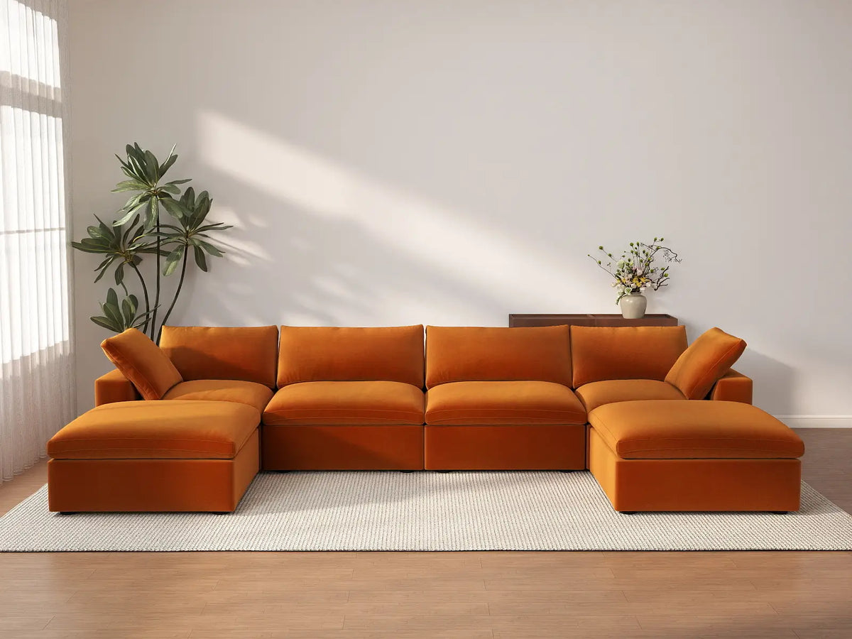 Deluxe Cloud 4-Seater Terracotta U-Shaped Sectional | 6-Piece (Includes 2 Ottomans), Velvet Fabric, Family Room Seating, Washable Cushion Covers