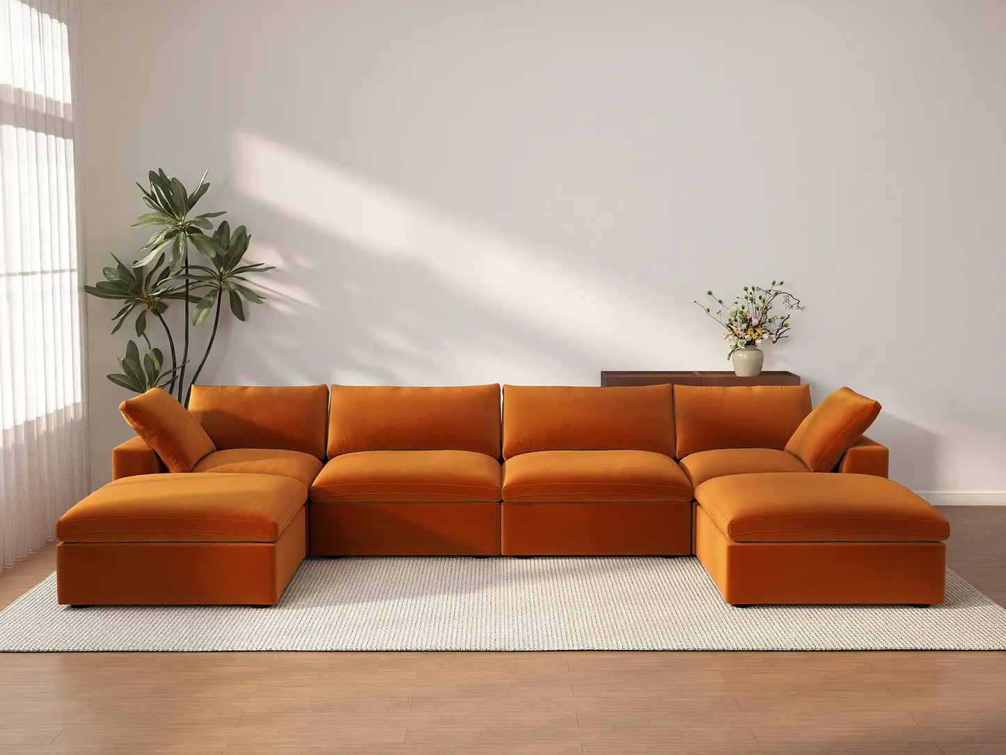 Deluxe Cloud 4-Seater Terracotta U-Shaped Sectional | 6-Piece (Includes 2 Ottomans), Velvet Fabric, Family Room Seating, Washable Cushion Covers