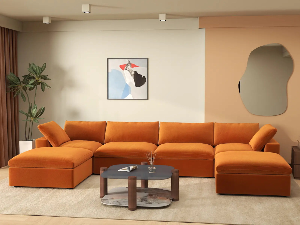 Deluxe Cloud 4-Seater Terracotta U-Shaped Sectional | 6-Piece (Includes 2 Ottomans), Velvet Fabric, Family Room Seating, Washable Cushion Covers