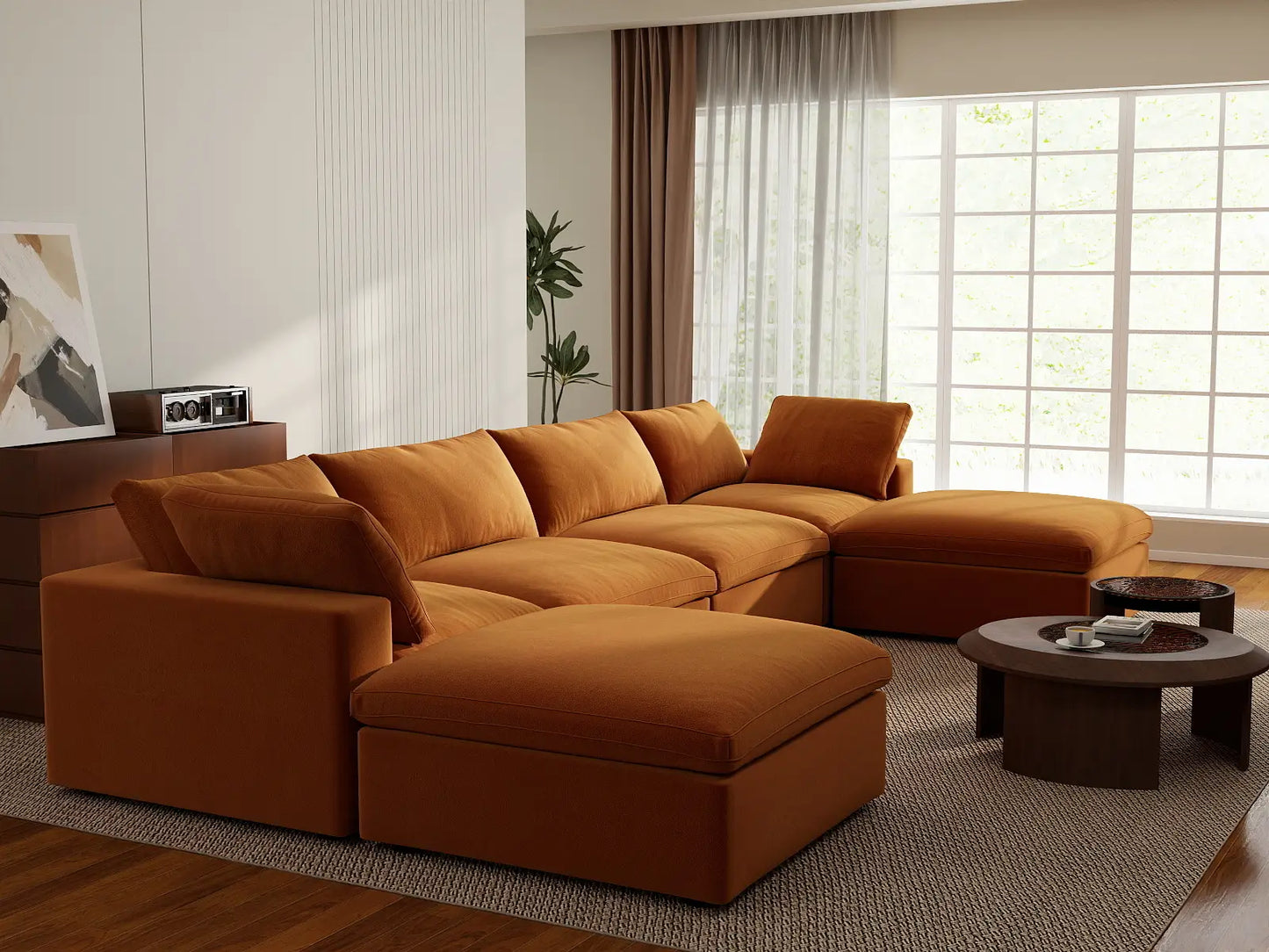 Deluxe Cloud 4-Seater Terracotta U-Shaped Sectional | 6-Piece (Includes 2 Ottomans), Velvet Fabric, Family Room Seating, Washable Cushion Covers