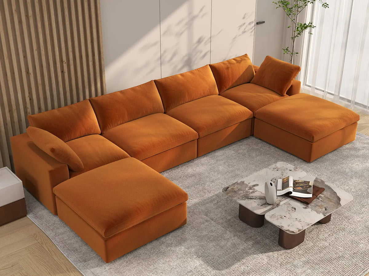 Deluxe Cloud 4-Seater Terracotta U-Shaped Sectional | 6-Piece (Includes 2 Ottomans), Velvet Fabric, Family Room Seating, Washable Cushion Covers