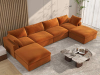 Deluxe Cloud 4-Seater Terracotta U-Shaped Sectional | 6-Piece (Includes 2 Ottomans), Velvet Fabric, Family Room Seating, Washable Cushion Covers