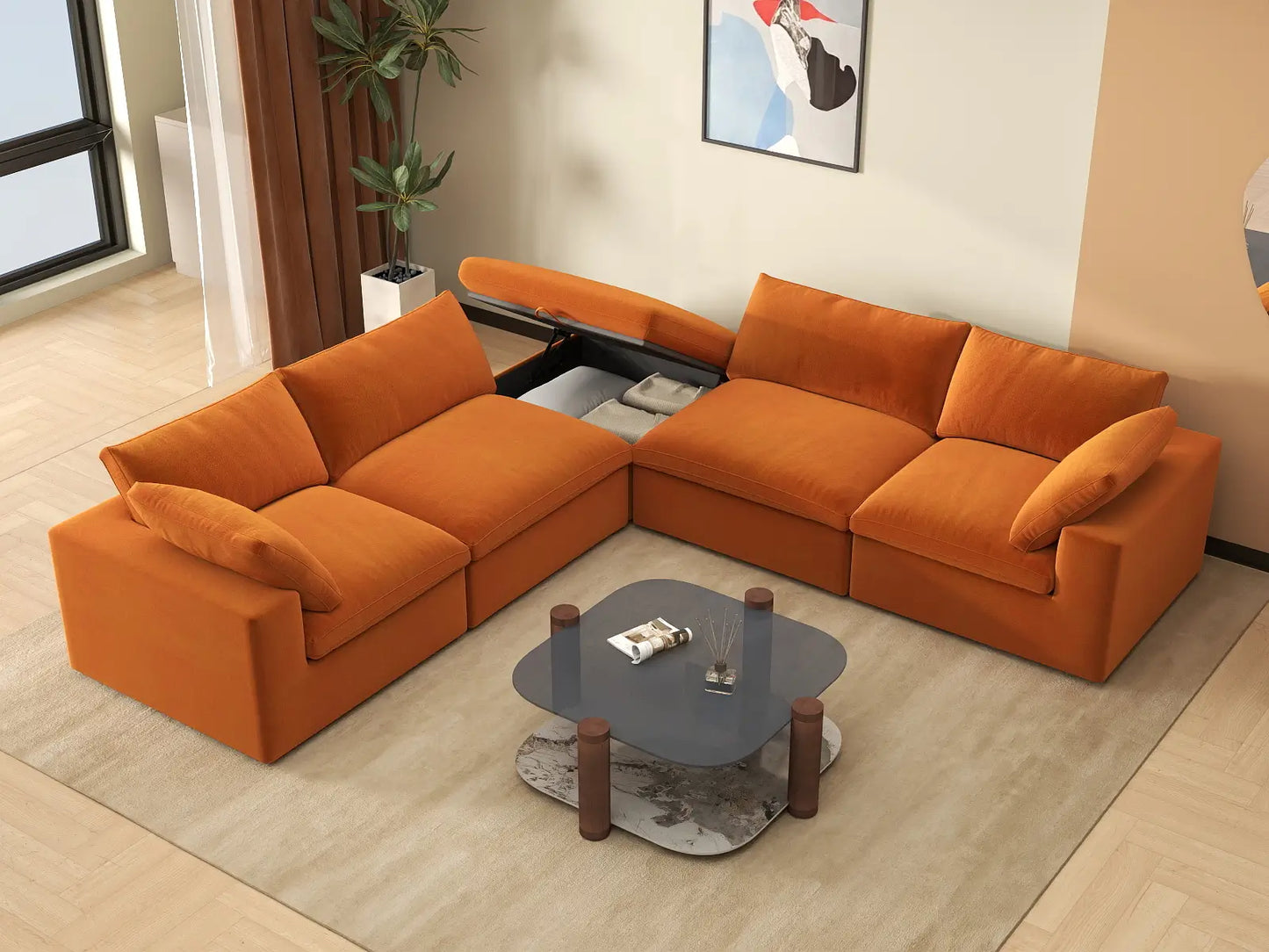 Deluxe Cloud 4-Seater Terracotta V-Shaped Sectional | 5-Piece (Includes 1 Ottoman), Velvet Fabric, Living Room Seating, Washable Cushion Covers