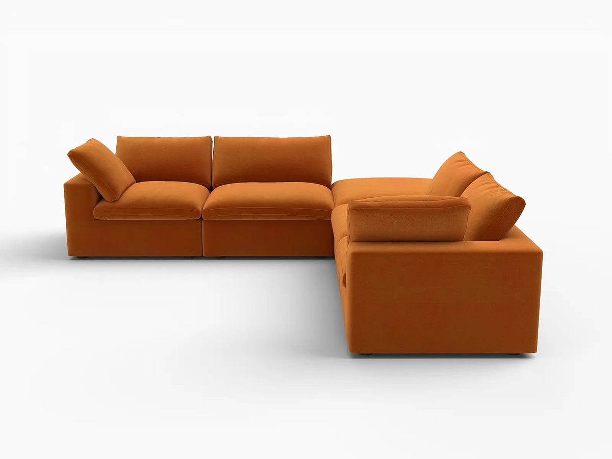 Deluxe Cloud 4-Seater Terracotta V-Shaped Sectional | 5-Piece (Includes 1 Ottoman), Velvet Fabric, Living Room Seating, Washable Cushion Covers