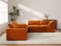 Deluxe Cloud 4-Seater Terracotta V-Shaped Sectional | 5-Piece (Includes 1 Ottoman), Velvet Fabric, Living Room Seating, Washable Cushion Covers