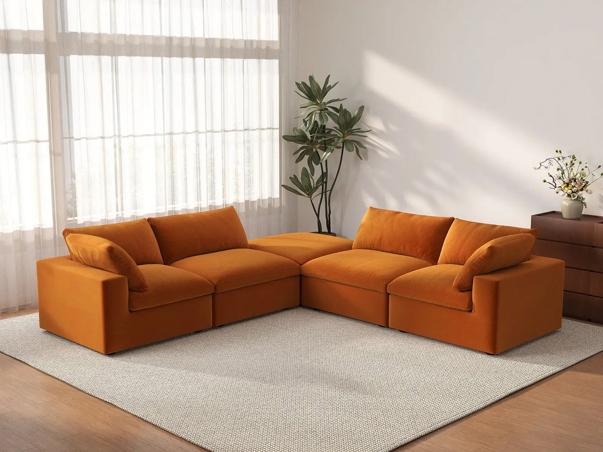 Deluxe Cloud 4-Seater Terracotta V-Shaped Sectional | 5-Piece (Includes 1 Ottoman), Velvet Fabric, Living Room Seating, Washable Cushion Covers