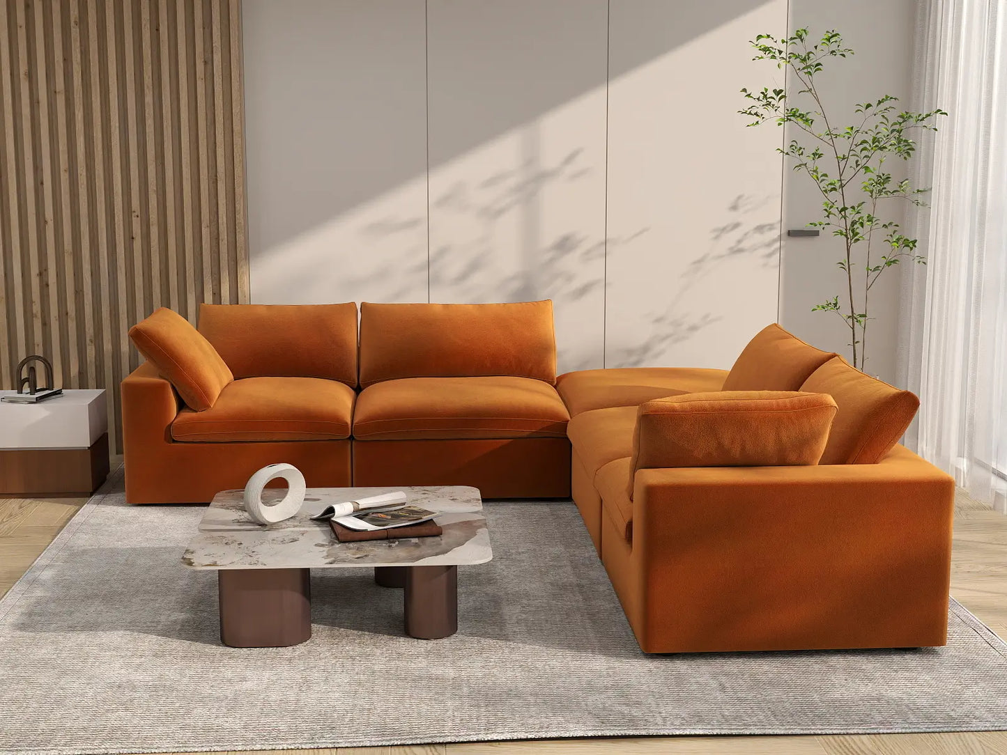 Deluxe Cloud 4-Seater Terracotta V-Shaped Sectional | 5-Piece (Includes 1 Ottoman), Velvet Fabric, Living Room Seating, Washable Cushion Covers