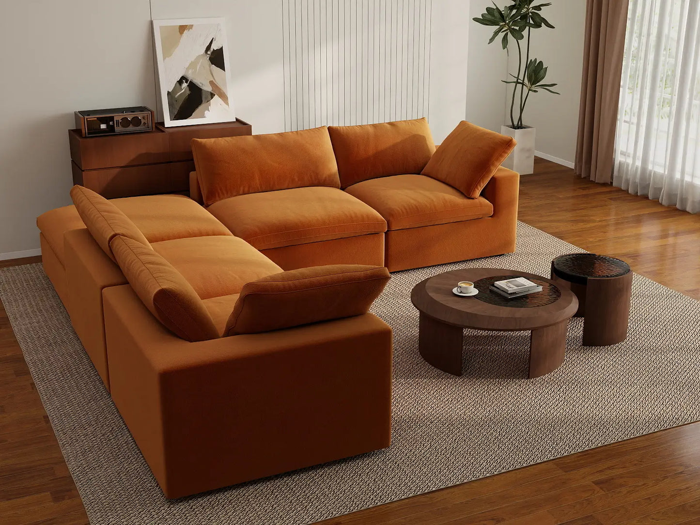 Deluxe Cloud 4-Seater Terracotta V-Shaped Sectional | 5-Piece (Includes 1 Ottoman), Velvet Fabric, Living Room Seating, Washable Cushion Covers