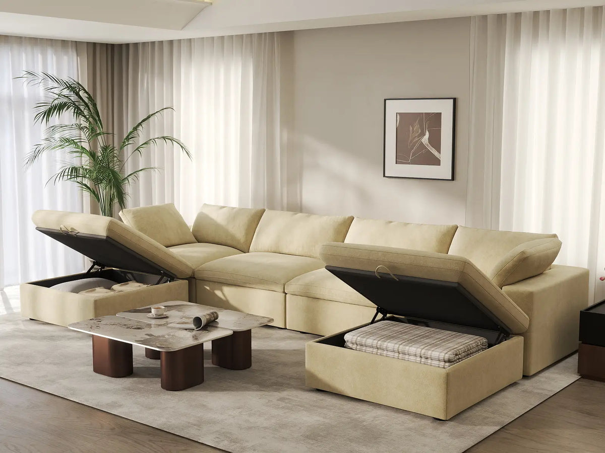 Deluxe Cloud 4-Seater U-Shaped Sectional in Beige Velvet | 6-Piece (Includes 2 Ottomans), Family Room Seating, Easy To Clean, Modern Style