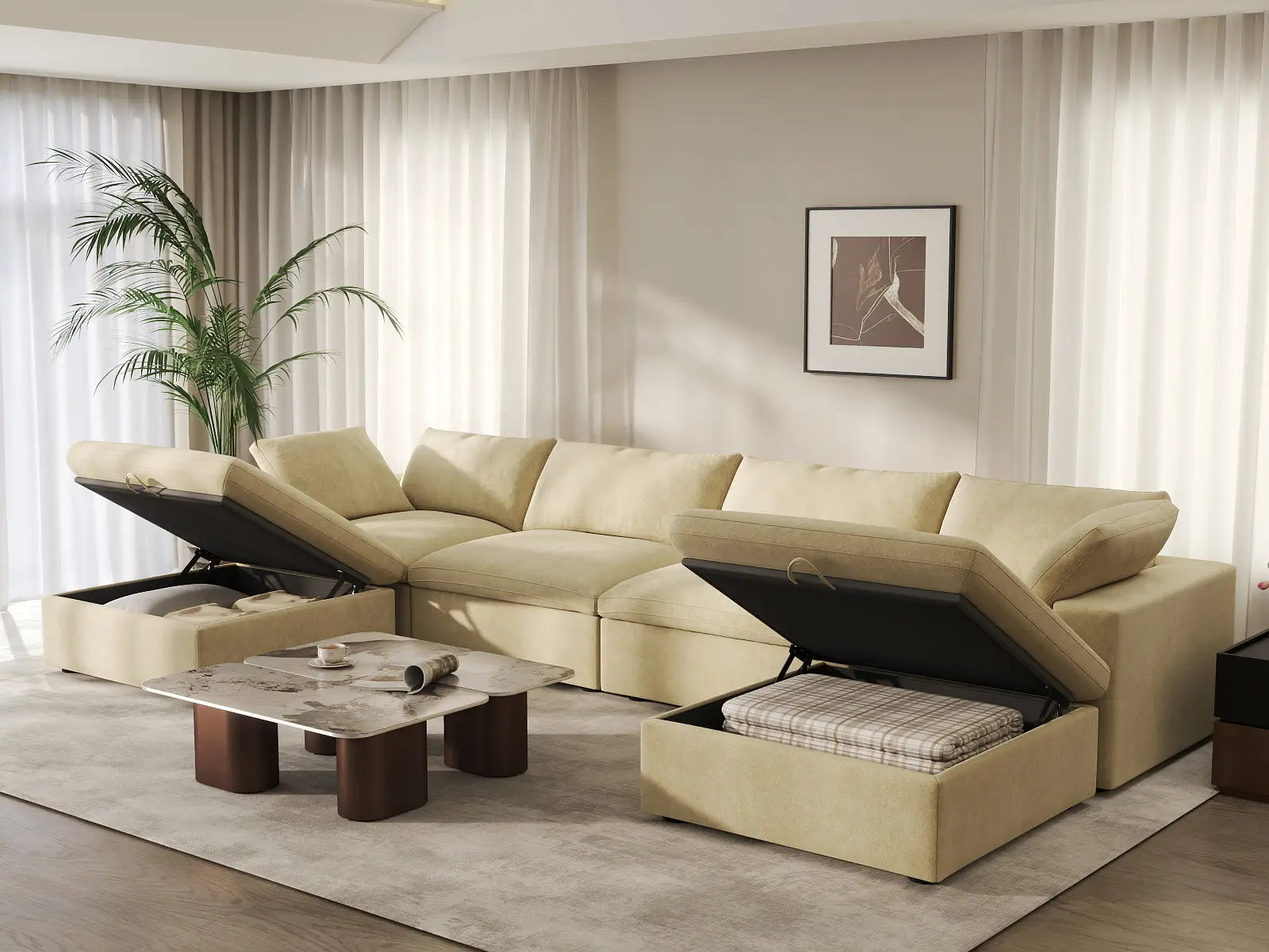 Deluxe Cloud 4-Seater U-Shaped Sectional in Beige Velvet | 6-Piece (Includes 2 Ottomans), Family Room Seating, Easy To Clean, Modern Style