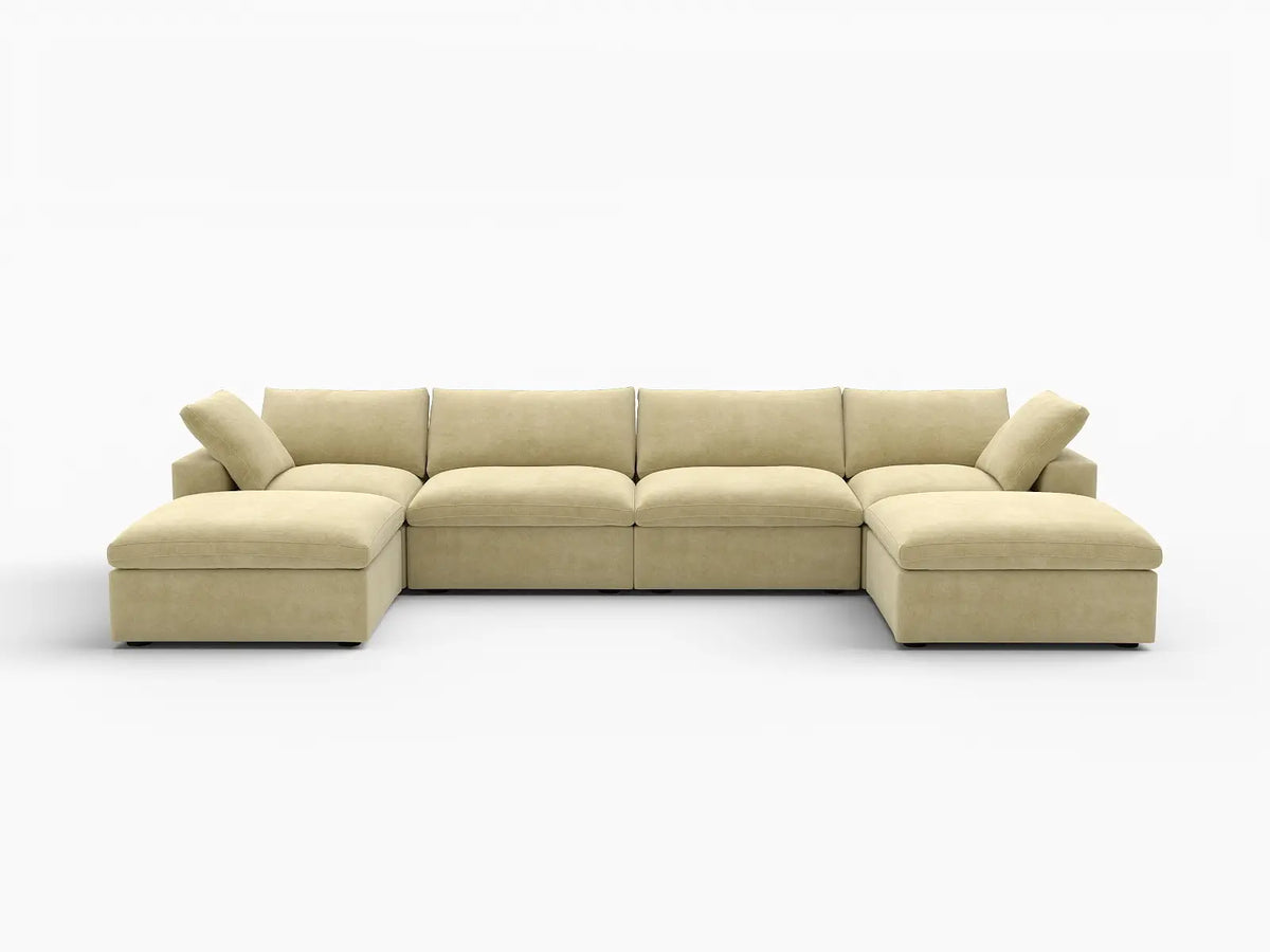 Deluxe Cloud 4-Seater U-Shaped Sectional in Beige Velvet | 6-Piece (Includes 2 Ottomans), Family Room Seating, Easy To Clean, Modern Style