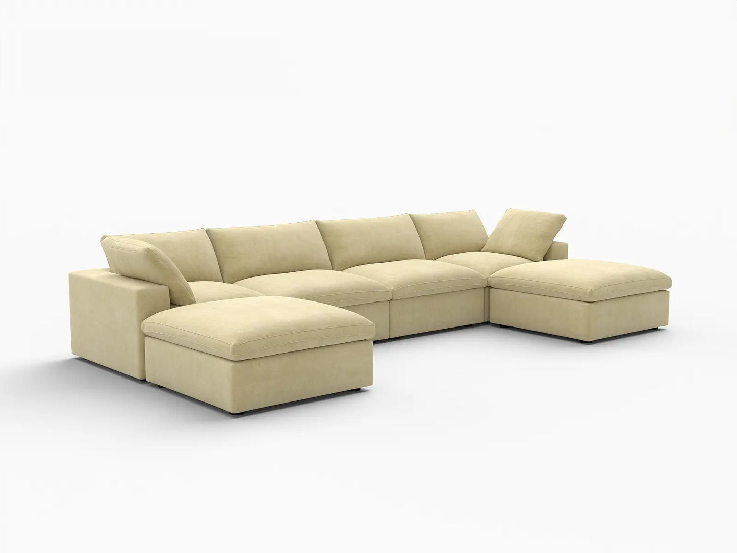 Deluxe Cloud 4-Seater U-Shaped Sectional in Beige Velvet | 6-Piece (Includes 2 Ottomans), Family Room Seating, Easy To Clean, Modern Style