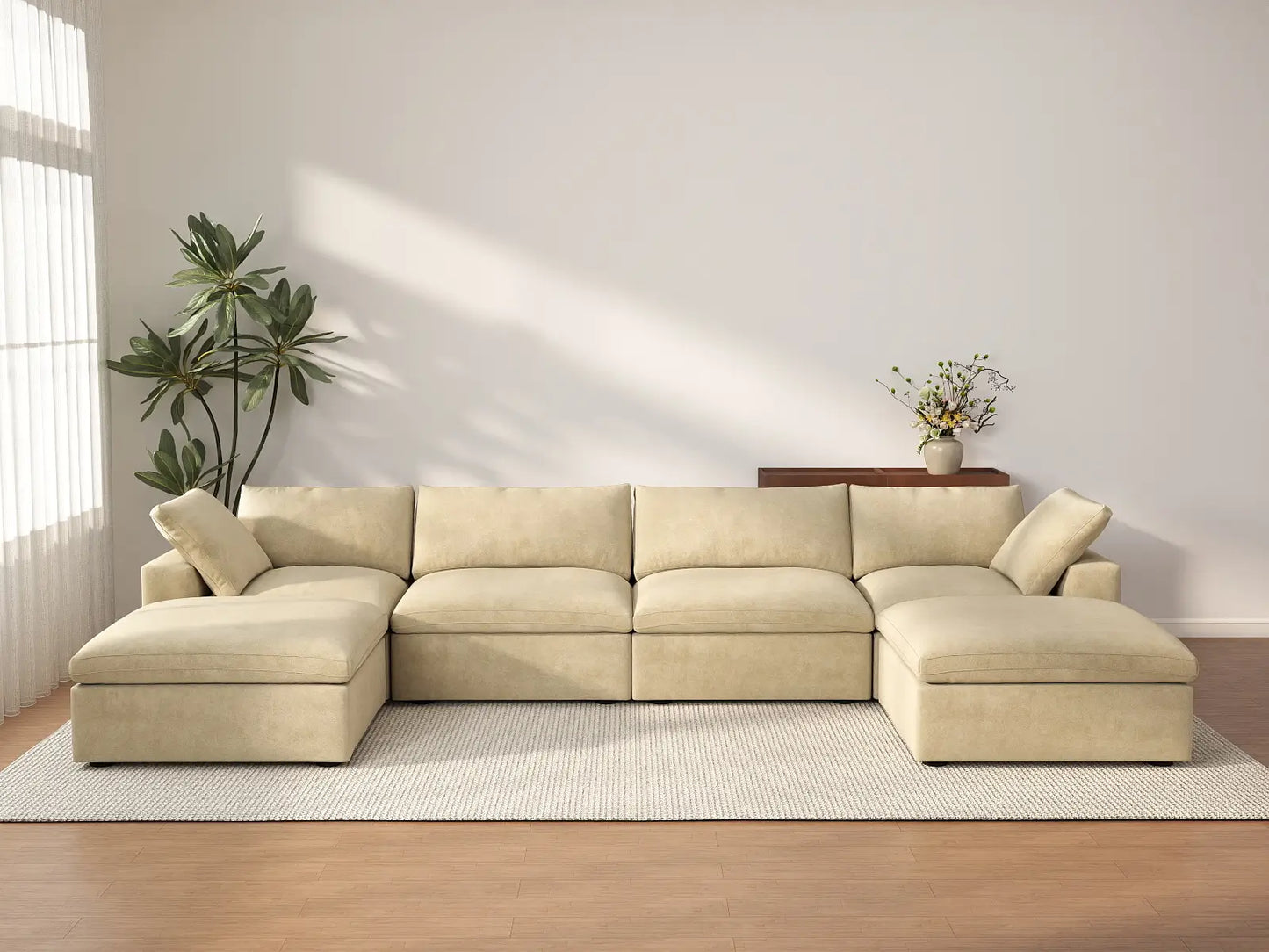 Deluxe Cloud 4-Seater U-Shaped Sectional in Beige Velvet | 6-Piece (Includes 2 Ottomans), Family Room Seating, Easy To Clean, Modern Style