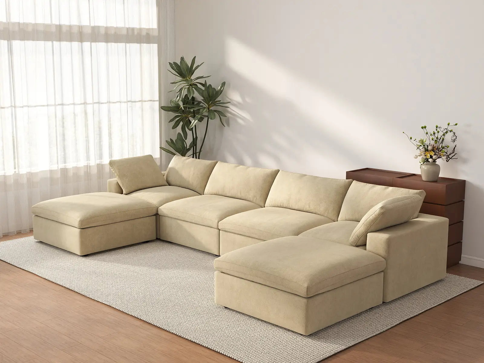 Deluxe Cloud 4-Seater U-Shaped Sectional in Beige Velvet | 6-Piece (Includes 2 Ottomans), Family Room Seating, Easy To Clean, Modern Style