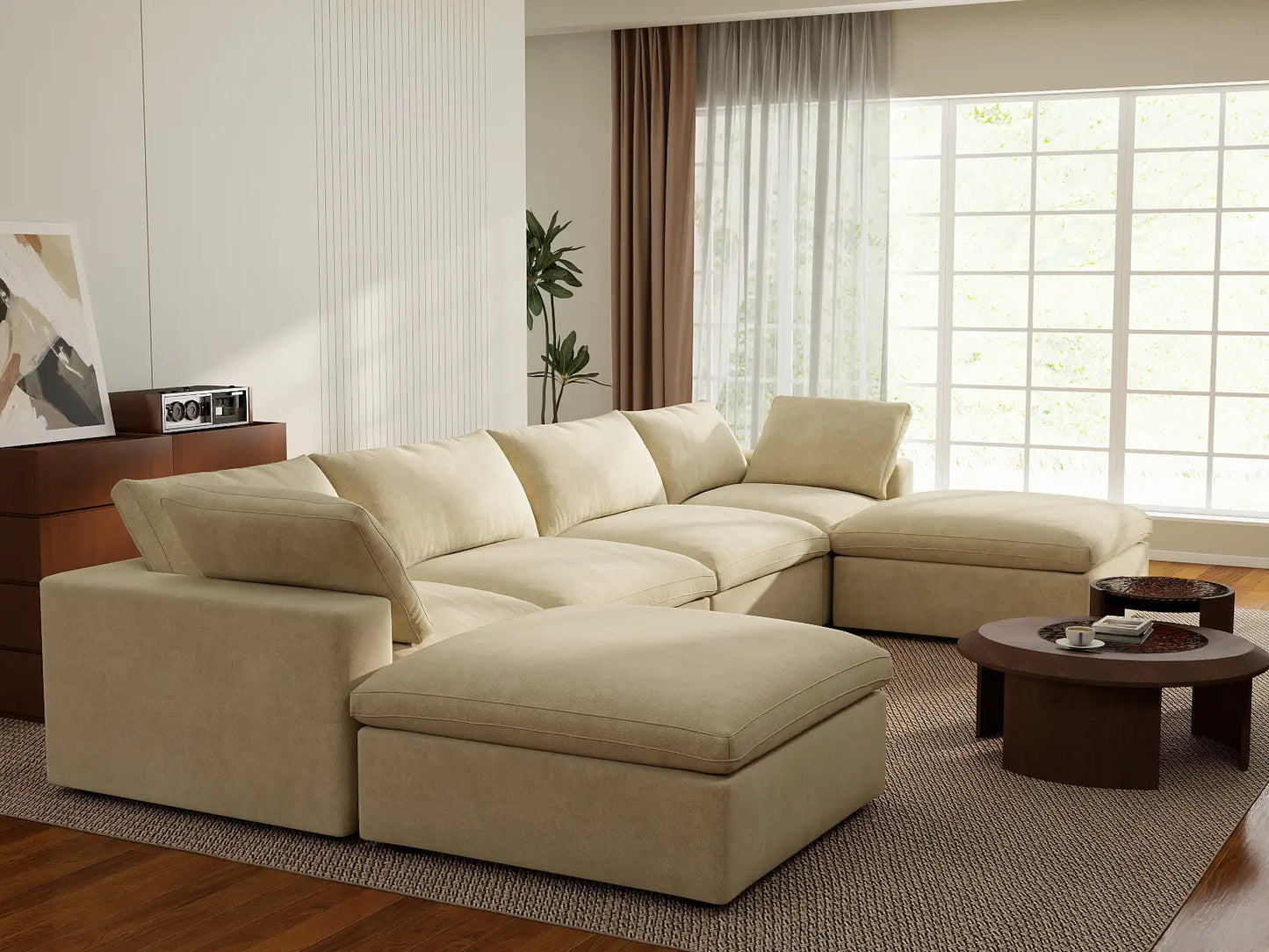 Deluxe Cloud 4-Seater U-Shaped Sectional in Beige Velvet | 6-Piece (Includes 2 Ottomans), Family Room Seating, Easy To Clean, Modern Style