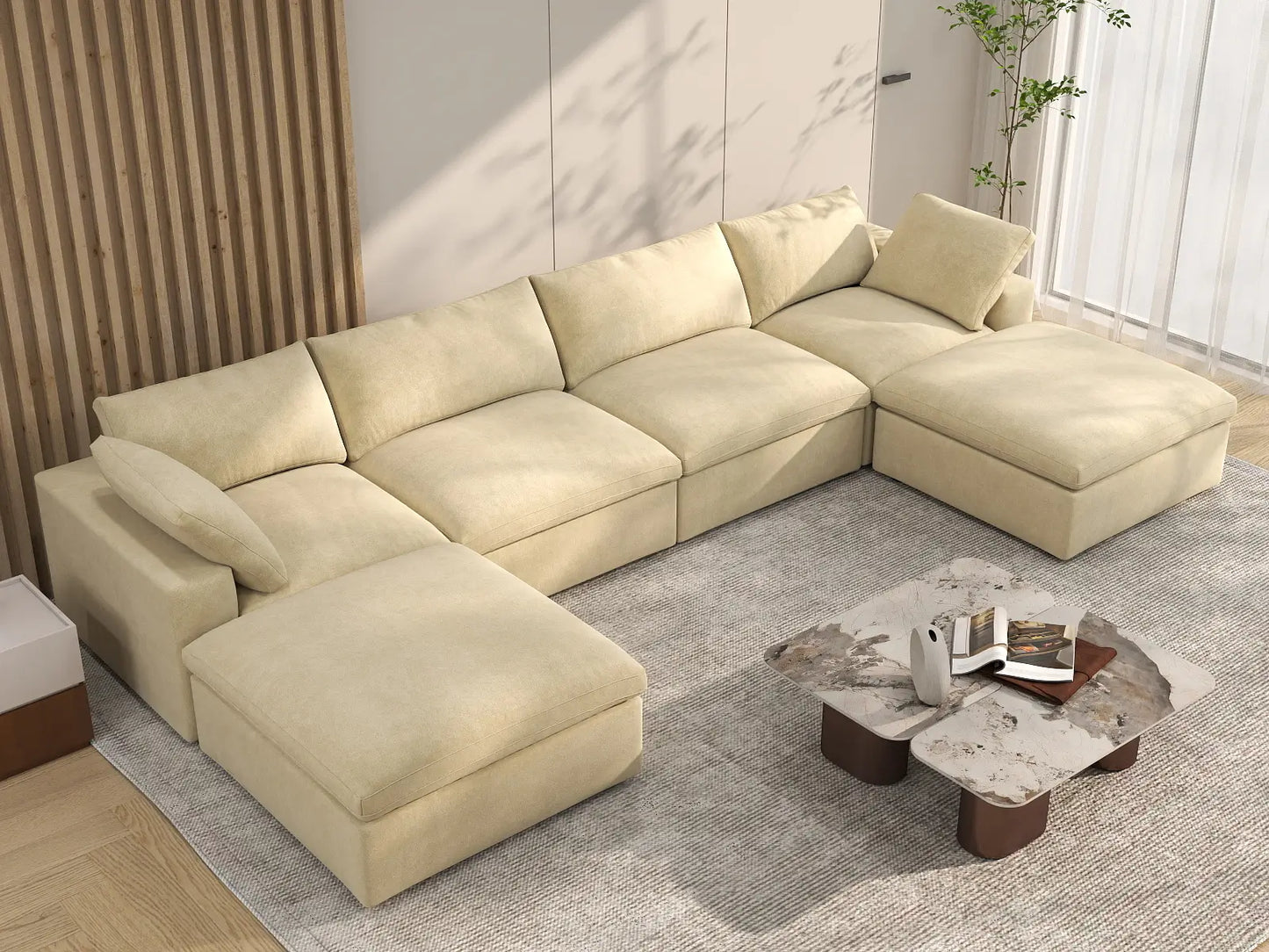 Deluxe Cloud 4-Seater U-Shaped Sectional in Beige Velvet | 6-Piece (Includes 2 Ottomans), Family Room Seating, Easy To Clean, Modern Style