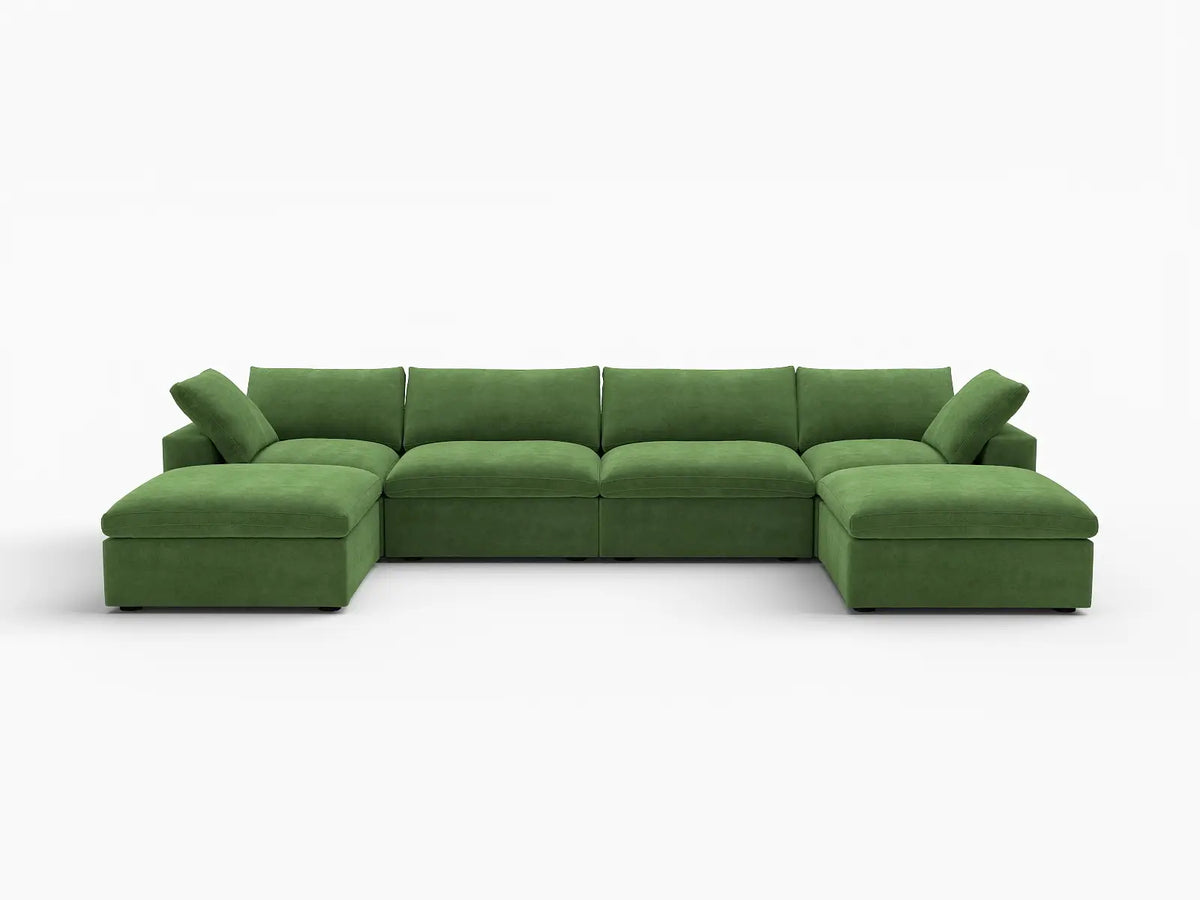 Deluxe Cloud 4-Seater U-Shaped Sectional in Earth Green Velvet | 6-Piece (Includes 2 Ottomans), Family Room Seating, Easy To Clean, Large Space
