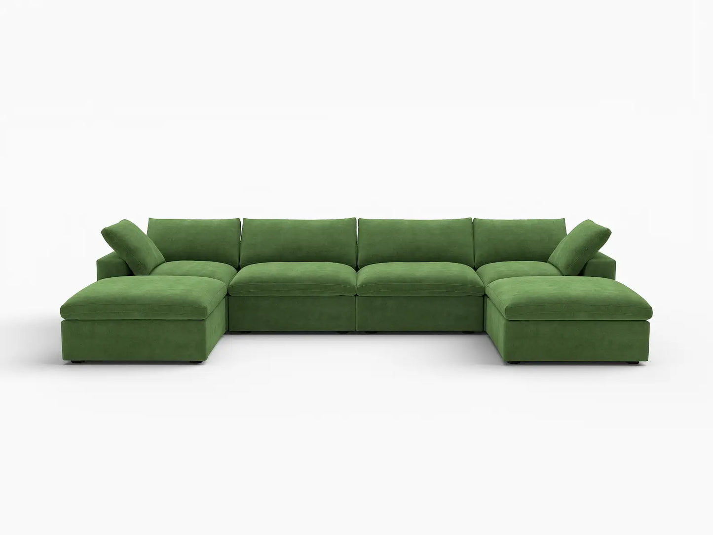 Deluxe Cloud 4-Seater U-Shaped Sectional in Earth Green Velvet | 6-Piece (Includes 2 Ottomans), Family Room Seating, Easy To Clean, Large Space
