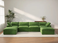 Deluxe Cloud 4-Seater U-Shaped Sectional in Earth Green Velvet | 6-Piece (Includes 2 Ottomans), Family Room Seating, Easy To Clean, Large Space