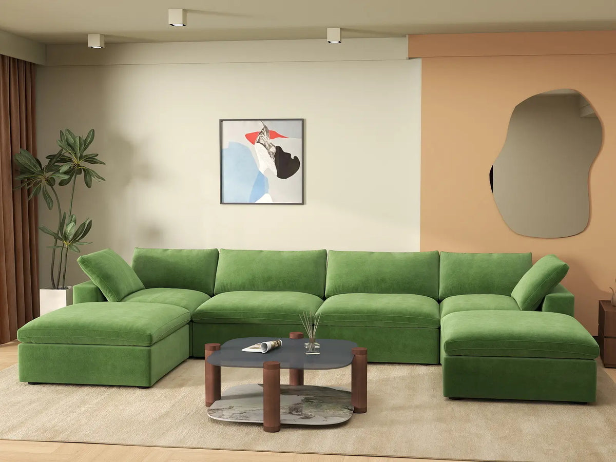 Deluxe Cloud 4-Seater U-Shaped Sectional in Earth Green Velvet | 6-Piece (Includes 2 Ottomans), Family Room Seating, Easy To Clean, Large Space