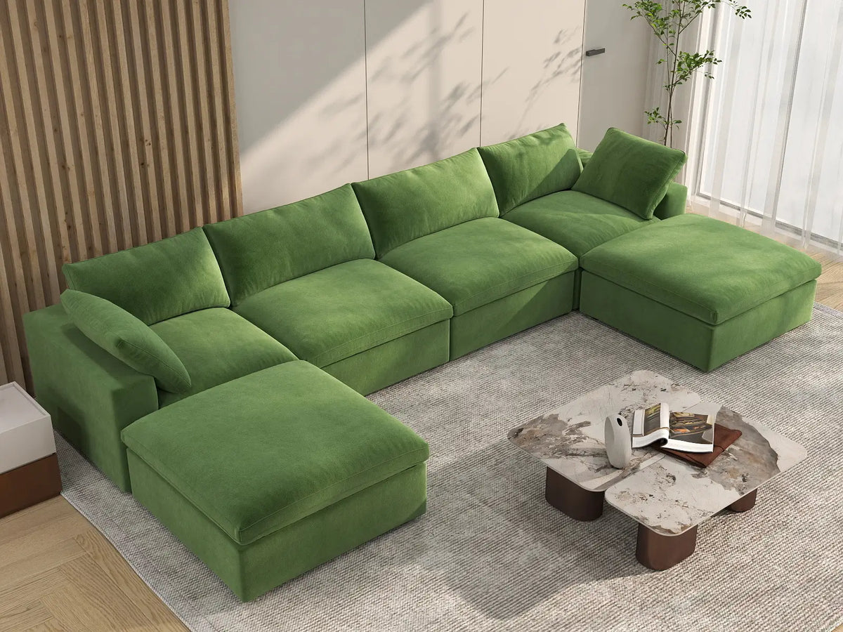 Deluxe Cloud 4-Seater U-Shaped Sectional in Earth Green Velvet | 6-Piece (Includes 2 Ottomans), Family Room Seating, Easy To Clean, Large Space
