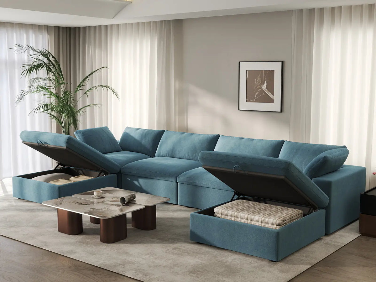 Deluxe Cloud 4-Seater U-Shaped Sectional in Light Blue Velvet | 6-Piece (Includes 2 Ottomans), Family Room Seating, Easy To Clean, Contemporary Style