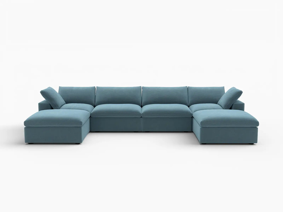 Deluxe Cloud 4-Seater U-Shaped Sectional in Light Blue Velvet | 6-Piece (Includes 2 Ottomans), Family Room Seating, Easy To Clean, Contemporary Style
