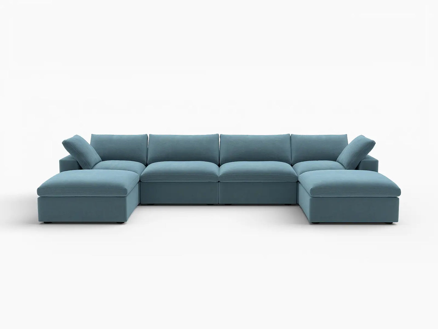 Deluxe Cloud 4-Seater U-Shaped Sectional in Light Blue Velvet | 6-Piece (Includes 2 Ottomans), Family Room Seating, Easy To Clean, Contemporary Style
