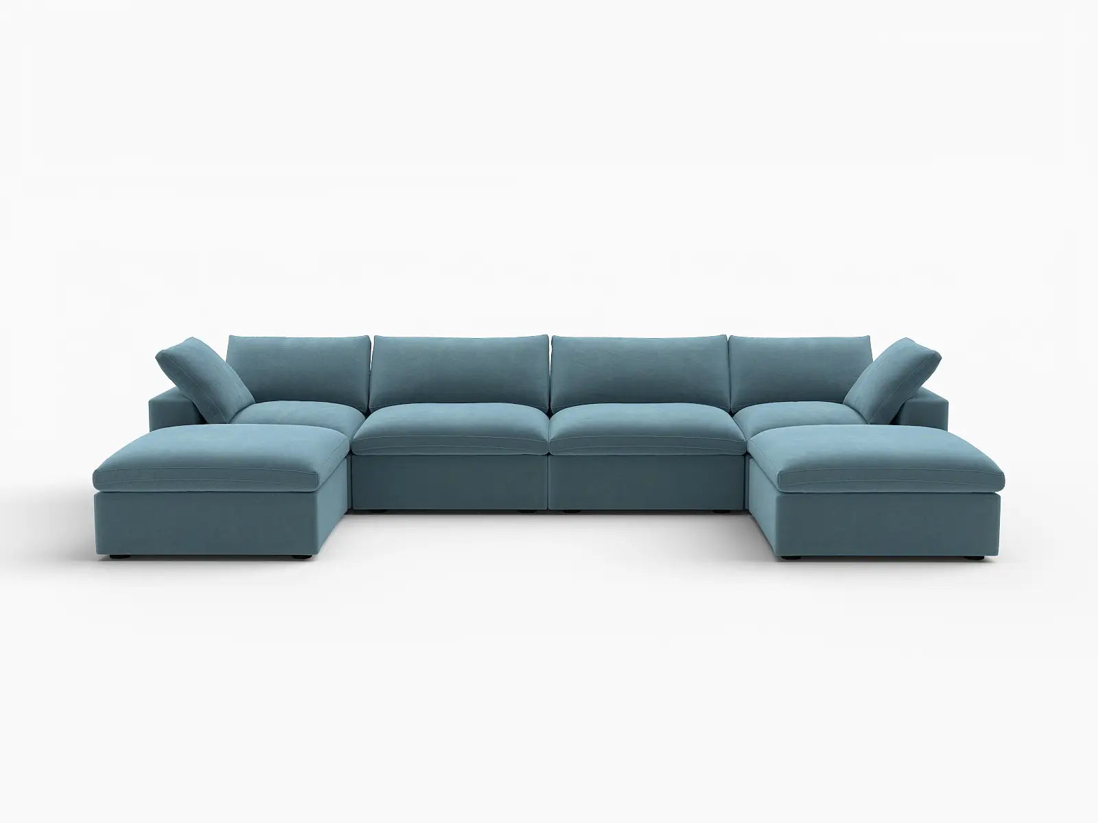 Deluxe Cloud 4-Seater U-Shaped Sectional in Light Blue Velvet | 6-Piece (Includes 2 Ottomans), Family Room Seating, Easy To Clean, Contemporary Style