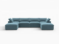 Deluxe Cloud 4-Seater U-Shaped Sectional in Light Blue Velvet | 6-Piece (Includes 2 Ottomans), Family Room Seating, Easy To Clean, Contemporary Style