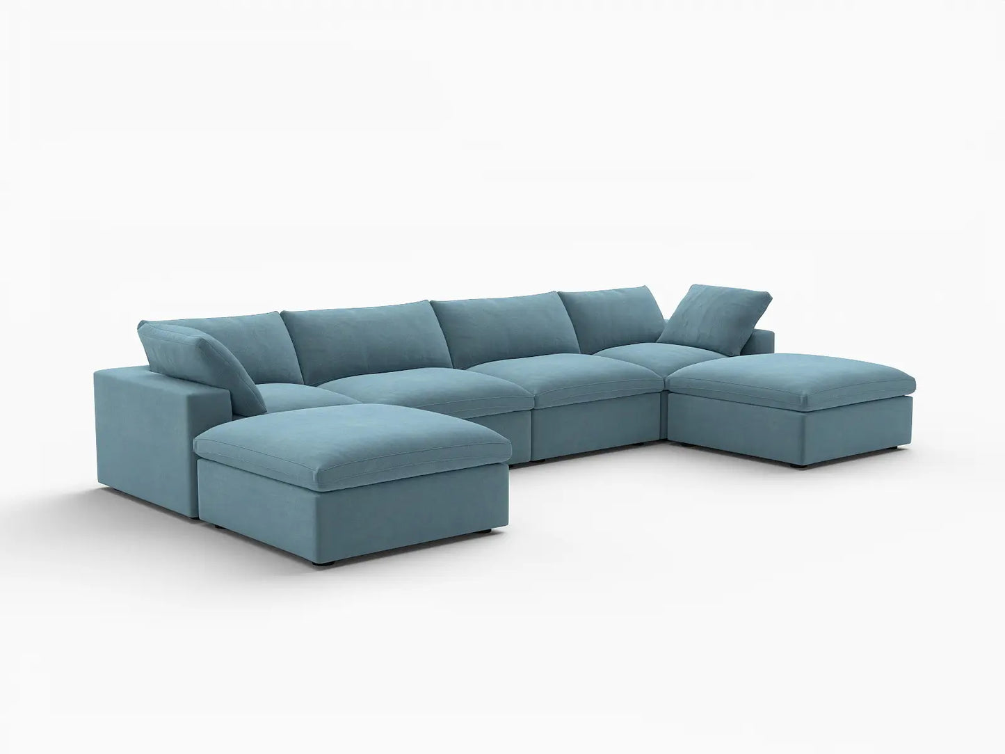 Deluxe Cloud 4-Seater U-Shaped Sectional in Light Blue Velvet | 6-Piece (Includes 2 Ottomans), Family Room Seating, Easy To Clean, Contemporary Style