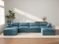Deluxe Cloud 4-Seater U-Shaped Sectional in Light Blue Velvet | 6-Piece (Includes 2 Ottomans), Family Room Seating, Easy To Clean, Contemporary Style