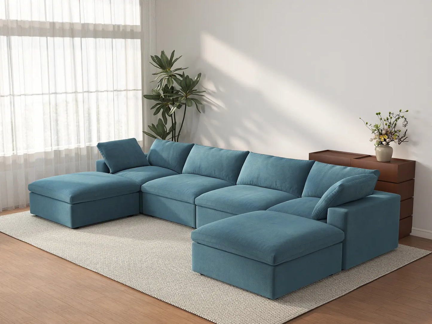 Deluxe Cloud 4-Seater U-Shaped Sectional in Light Blue Velvet | 6-Piece (Includes 2 Ottomans), Family Room Seating, Easy To Clean, Contemporary Style
