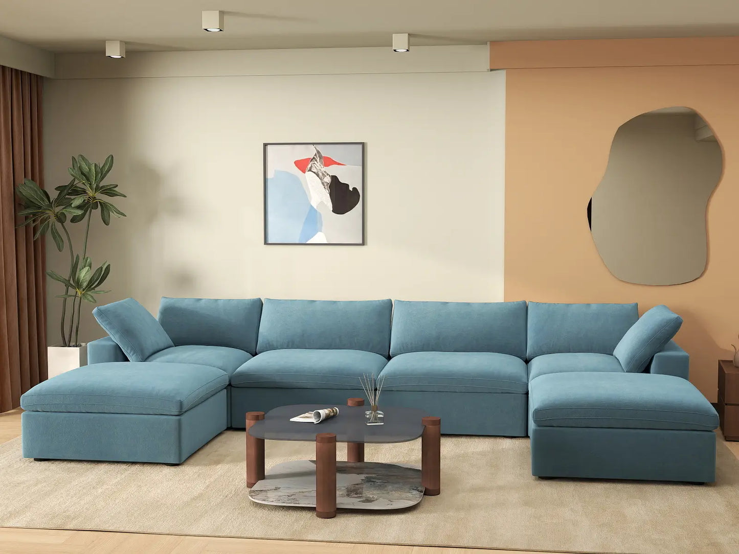 Deluxe Cloud 4-Seater U-Shaped Sectional in Light Blue Velvet | 6-Piece (Includes 2 Ottomans), Family Room Seating, Easy To Clean, Contemporary Style