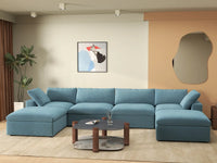 Deluxe Cloud 4-Seater U-Shaped Sectional in Light Blue Velvet | 6-Piece (Includes 2 Ottomans), Family Room Seating, Easy To Clean, Contemporary Style