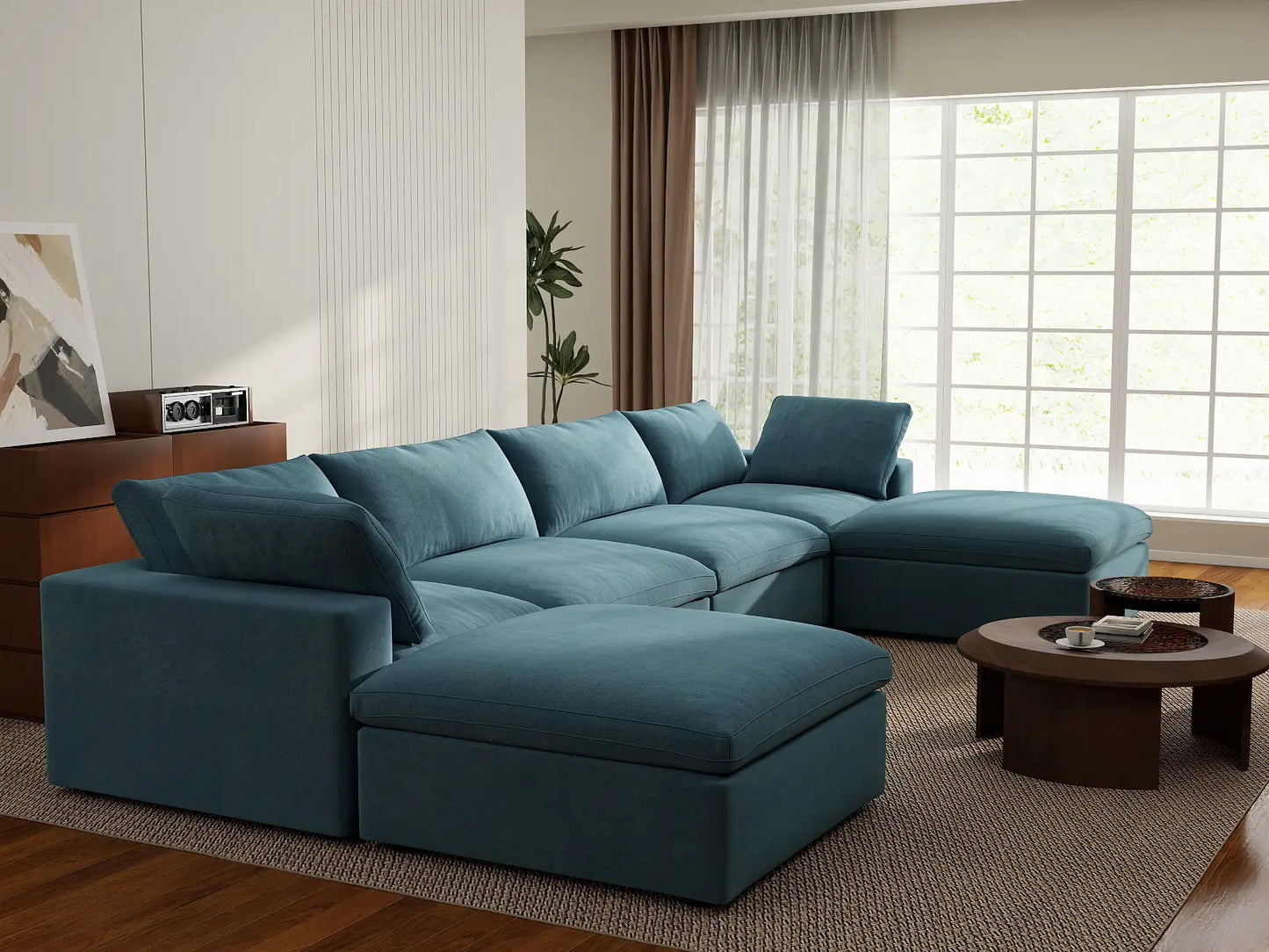Deluxe Cloud 4-Seater U-Shaped Sectional in Light Blue Velvet | 6-Piece (Includes 2 Ottomans), Family Room Seating, Easy To Clean, Contemporary Style