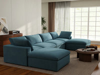 Deluxe Cloud 4-Seater U-Shaped Sectional in Light Blue Velvet | 6-Piece (Includes 2 Ottomans), Family Room Seating, Easy To Clean, Contemporary Style