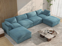 Deluxe Cloud 4-Seater U-Shaped Sectional in Light Blue Velvet | 6-Piece (Includes 2 Ottomans), Family Room Seating, Easy To Clean, Contemporary Style