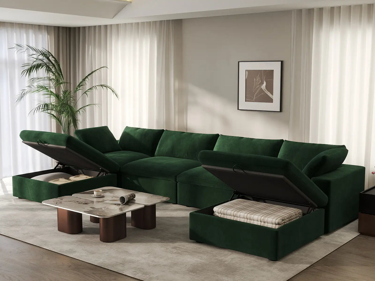 Deluxe Cloud 4-Seater U-Shaped Sectional in Olive Green Velvet | 6-Piece (Includes 2 Ottomans), Family Room Seating, Easy To Clean, Modular Design