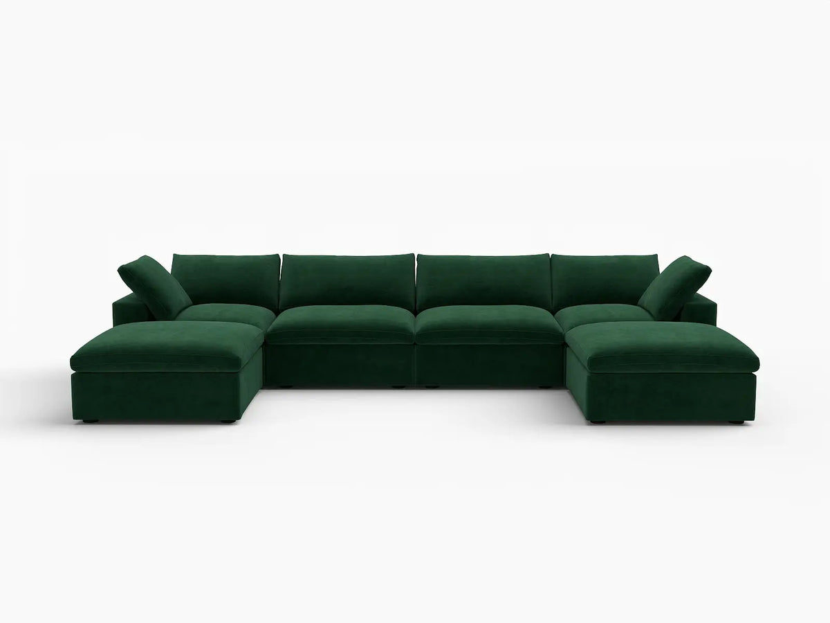 Deluxe Cloud 4-Seater U-Shaped Sectional in Olive Green Velvet | 6-Piece (Includes 2 Ottomans), Family Room Seating, Easy To Clean, Modular Design