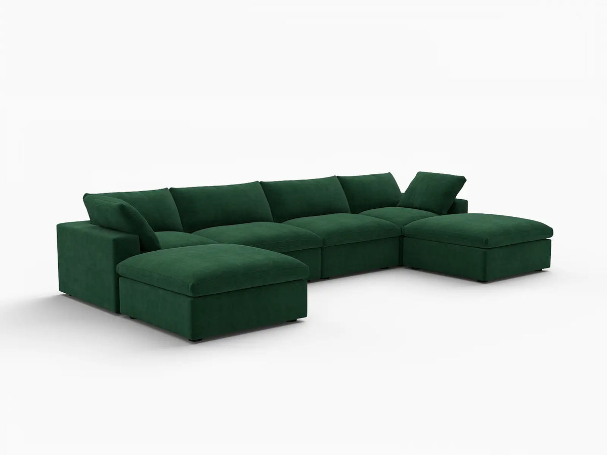 Deluxe Cloud 4-Seater U-Shaped Sectional in Olive Green Velvet | 6-Piece (Includes 2 Ottomans), Family Room Seating, Easy To Clean, Modular Design
