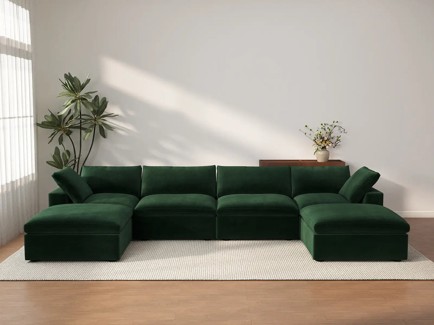 Deluxe Cloud 4-Seater U-Shaped Sectional in Olive Green Velvet | 6-Piece (Includes 2 Ottomans), Family Room Seating, Easy To Clean, Modular Design