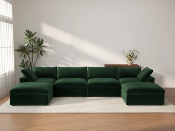 Deluxe Cloud 4-Seater U-Shaped Sectional in Olive Green Velvet | 6-Piece (Includes 2 Ottomans), Family Room Seating, Easy To Clean, Modular Design