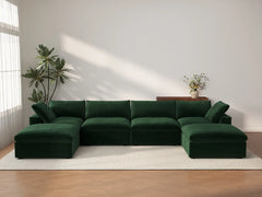 Deluxe Cloud 4-Seater U-Shaped Sectional in Olive Green Velvet | 6-Piece (Includes 2 Ottomans), Family Room Seating, Easy To Clean, Modular Design