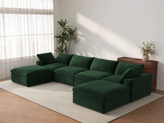 Deluxe Cloud 4-Seater U-Shaped Sectional in Olive Green Velvet | 6-Piece (Includes 2 Ottomans), Family Room Seating, Easy To Clean, Modular Design