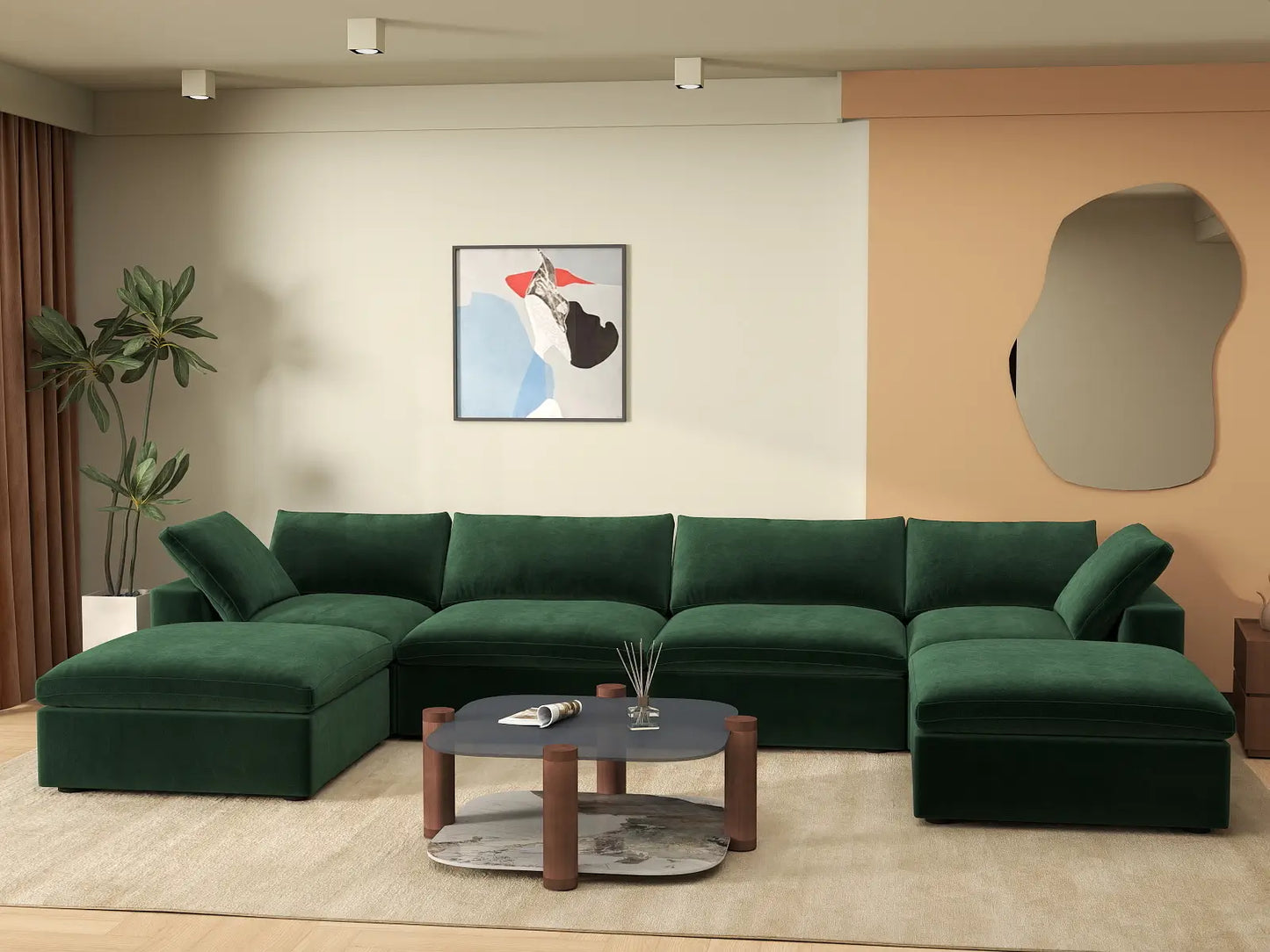 Deluxe Cloud 4-Seater U-Shaped Sectional in Olive Green Velvet | 6-Piece (Includes 2 Ottomans), Family Room Seating, Easy To Clean, Modular Design