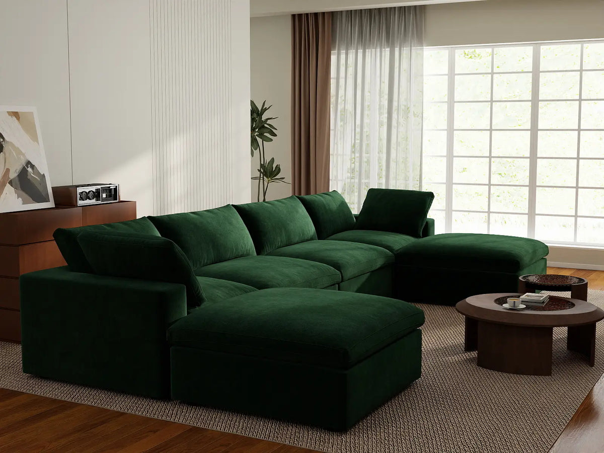 Deluxe Cloud 4-Seater U-Shaped Sectional in Olive Green Velvet | 6-Piece (Includes 2 Ottomans), Family Room Seating, Easy To Clean, Modular Design